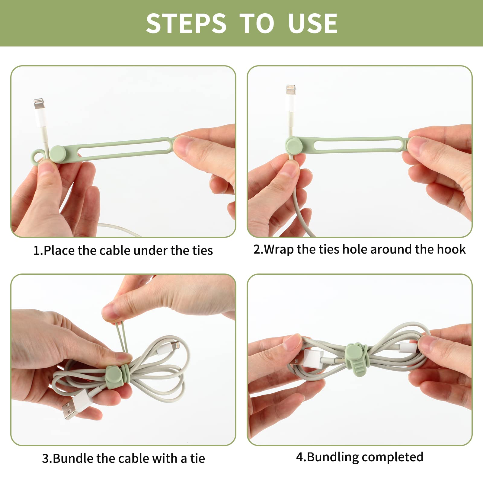 TamBee Cable Ties Reusable Silicone Cable Straps 16pcs Cable Wire Ties Cable Cord Organizers for Earphone Phone Charger Audio Cable Computer (Green-106mm 10pcs, 180mm 6pcs)