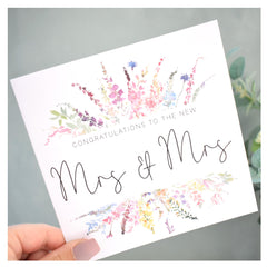 Congratulations Mrs & Mrs   Bride & Bride Wedding Greeting Card   Gay Lesbian Ceremony   Newly Married Couple   Wife   Rainbow Florals   148mm Square