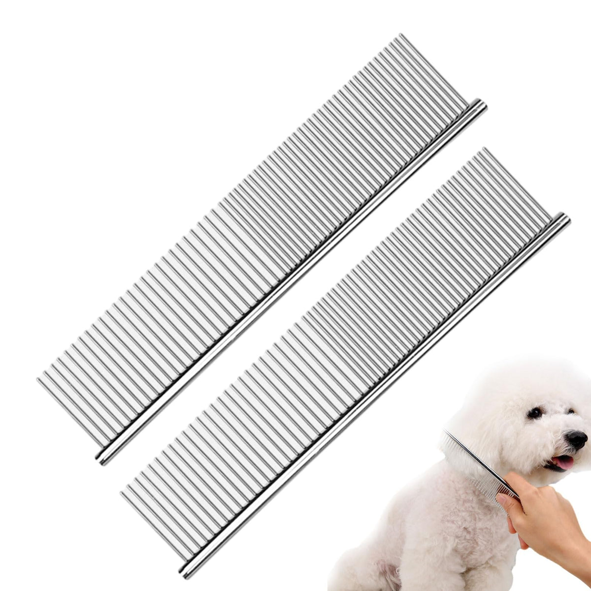 Metal Dog Combs for Grooming 2PCS Metal Stainless Steel Dog Grooming Comb Cat Comb Silver Pet Comb Suitable for Dog Cat Pet Fur Detangling