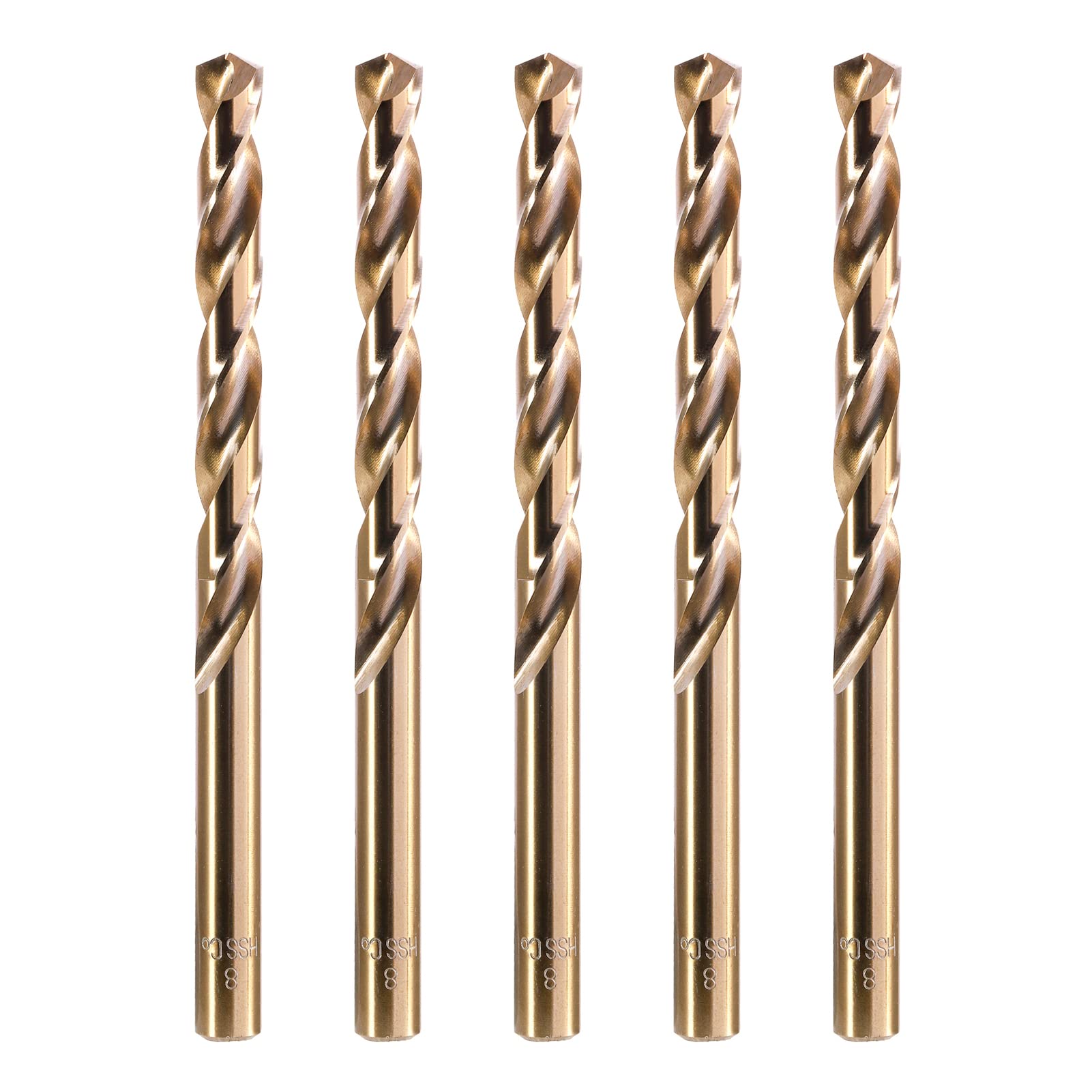 HPMAISON 8mm 5pcs HSS Gold Cobalt Jobber Drill Bit, M35 HSS Metric Straight Shank Twist Drill Bit Set for Drillling Stainless Steel & Hard Metal, Cast Iron, Copper, Aluminum, Wood, Plastic