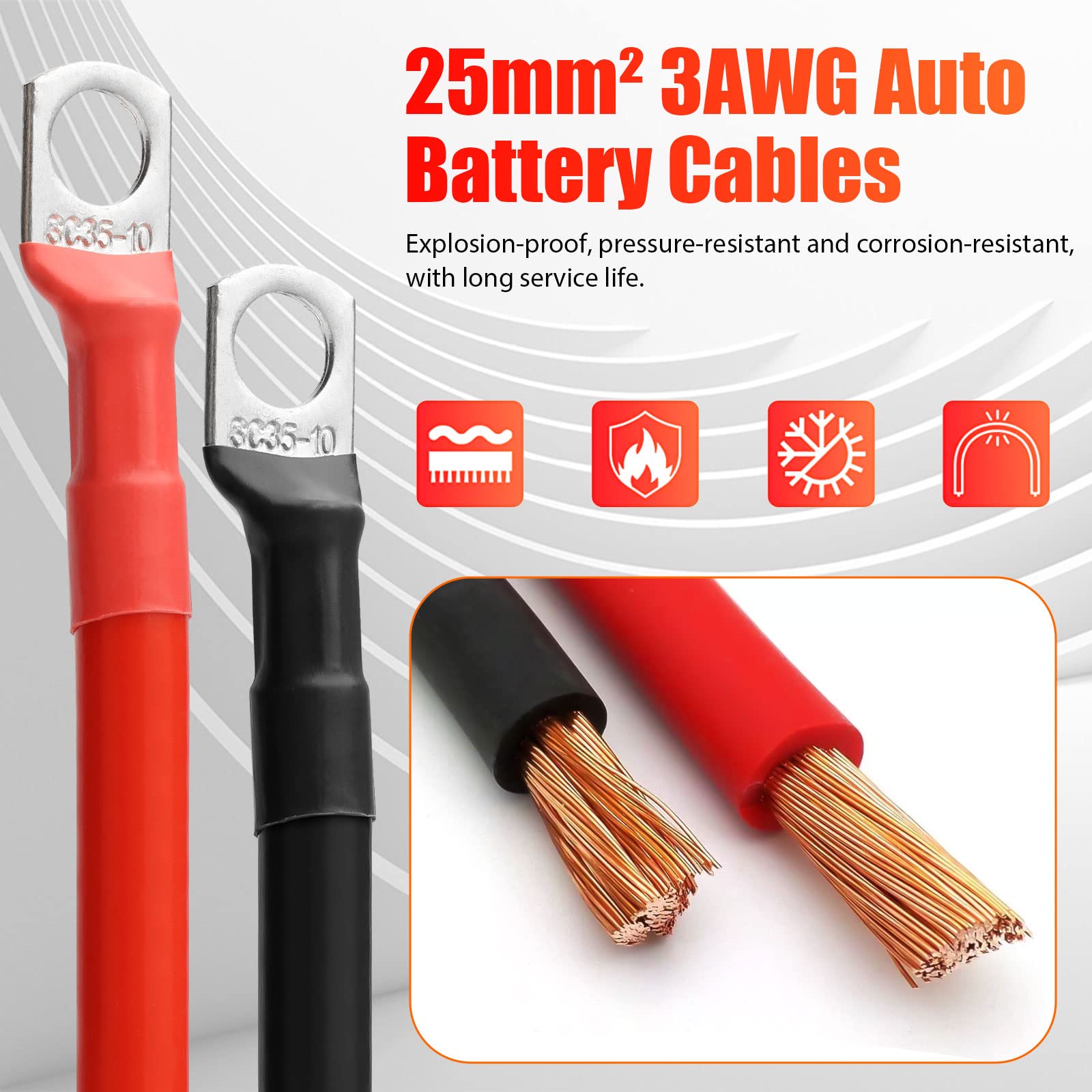 EEEKit 2Pcs 3AWG 30cm Car Battery Cables, 25mm² 12V-24V Red and Black Battery Terminals Connectors (Max 125A), SC35-10 Ring Terminals Copper Wire for Auto, Truck, Motorcycle, Solar, RV, Marine