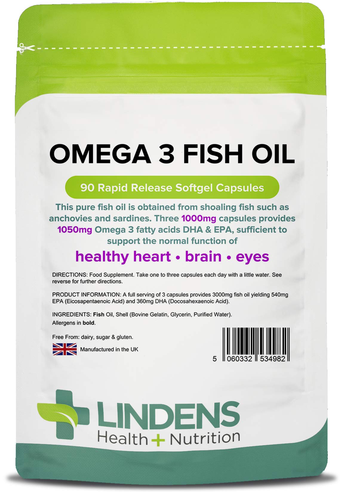 Lindens Omega 3 Fish Oil Capsules - 90 Pack - 3,000mg Daily Intake - UK Made - Supports Normal Function of Healthy Heart, Brain & Eyes - GMP & Letterbox Friendly