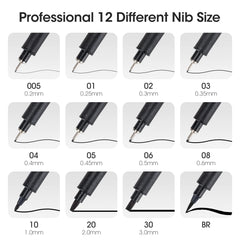 TWOHANDS Set of 12 Fineliner Pens, Fine Point Ink Pens, Pigment Pens, Technical Drawing pens, Black, Waterproof, for Art Watercolor, Sketching, Anime, Manga, Scrapbooking, 902188