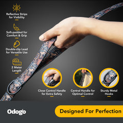 ODOGO, Double-Ended Training Lead, Size L, Brown Flowers 2m, Premium Professional Dog Lead, Neoprene-Padded, Easy to Use, Reflective, Adjustable Lengths, Hands-Free Walking (Brown Flowers, Large)