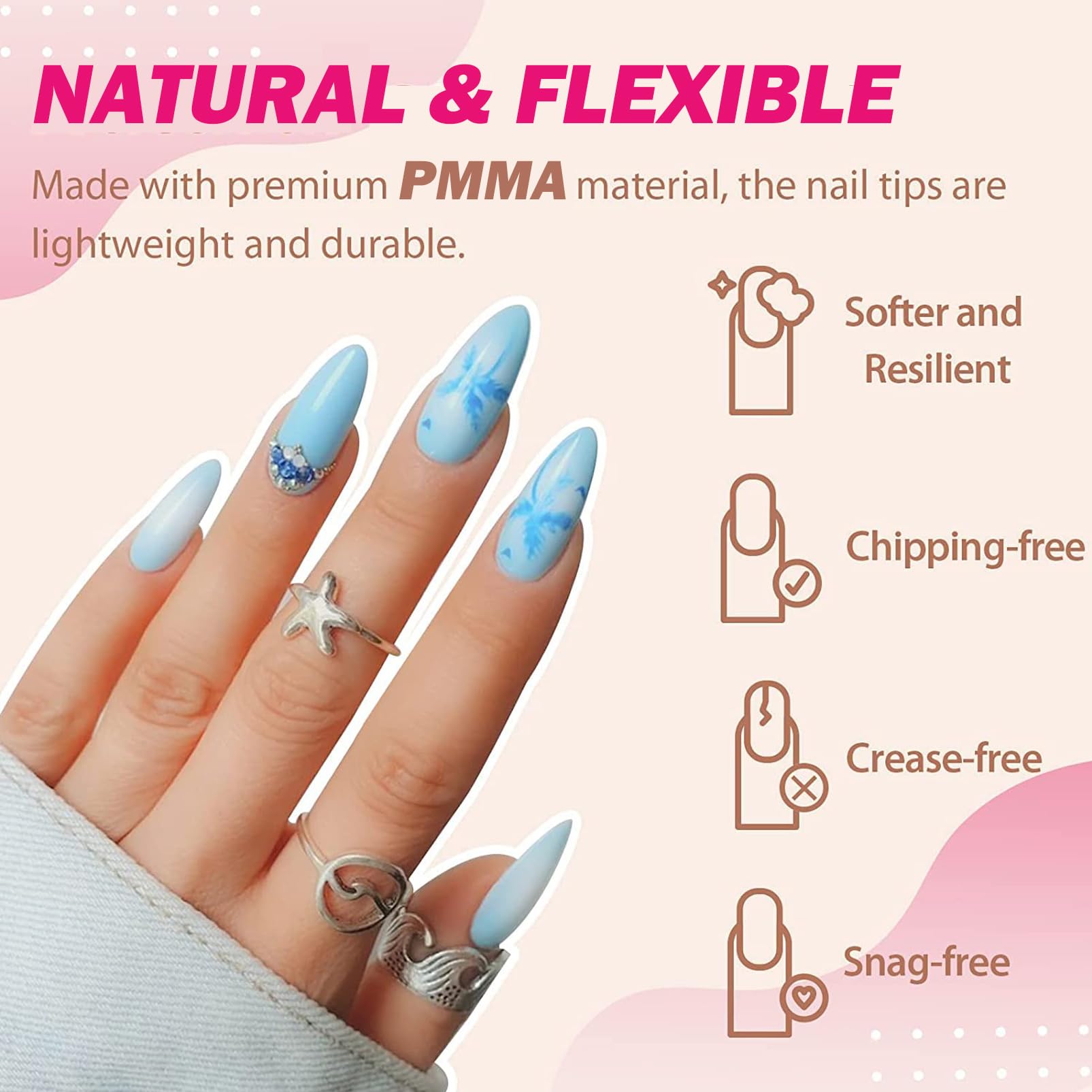 Short Almond Nail Tips - Soft Gel Nail Tips Set with Nail Glue 120Pcs Almond Shaped Full Cover Gel Nails Pre Etched for Extensions, PMMA Resin Clear Strong False Press on Nails