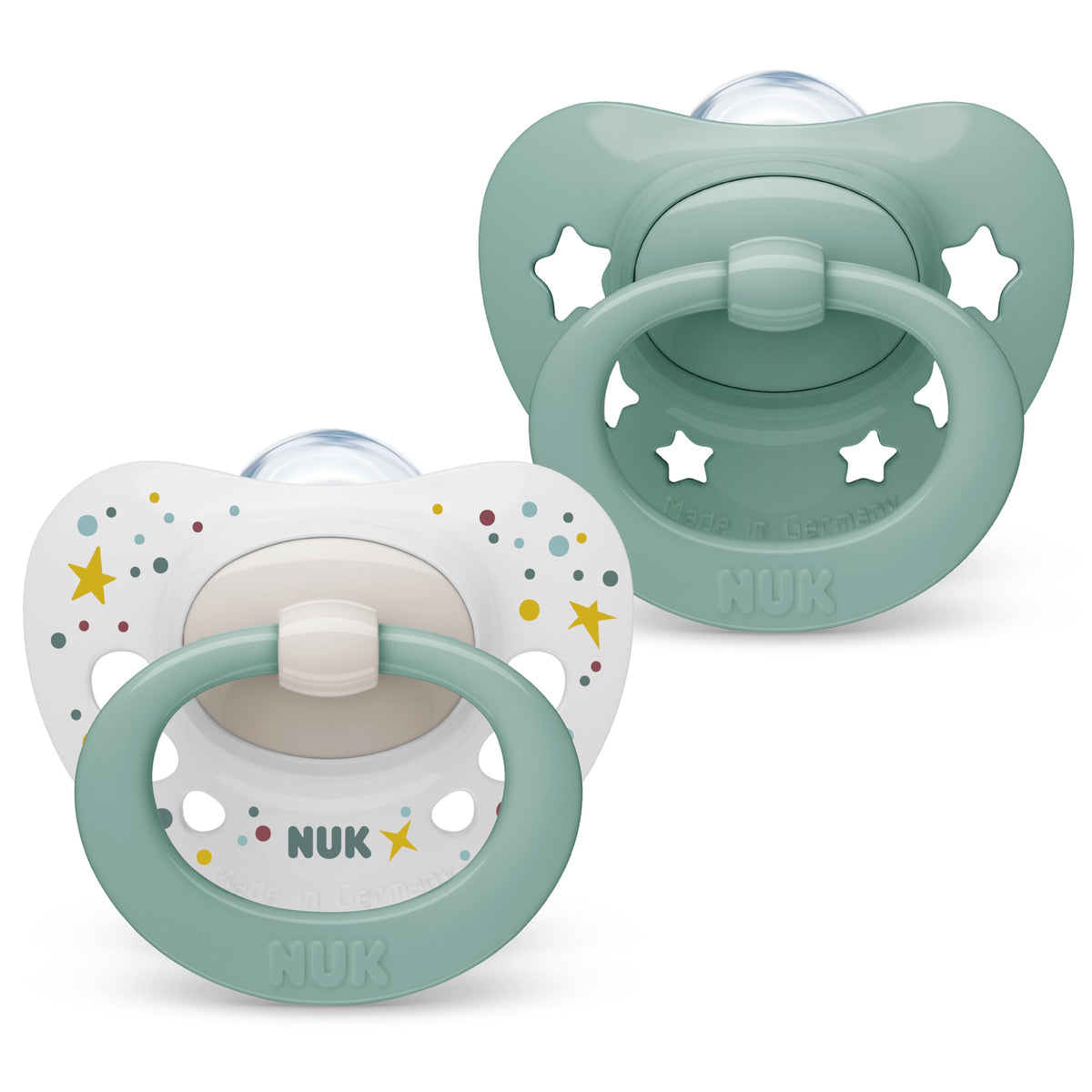 NUK Signature Baby Dummy   0-6 Months   Soothes 95% of Babies   Heart-Shaped BPA-Free Silicone Soothers   Includes Case   Green Stars   2 Count