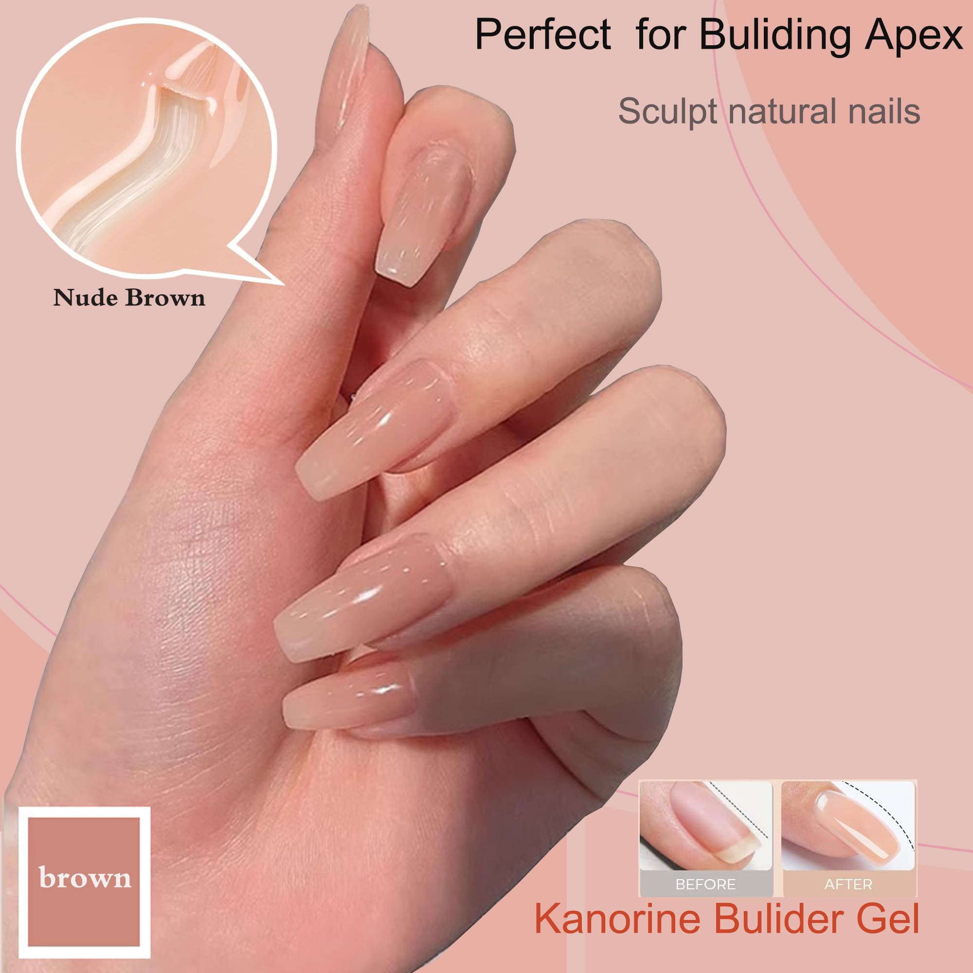 KANORINE Gel Nail Polish Builder Nail Gel, 8-in-1 Neutral Nude Brown Gel Builder for Nails, Hard Gel Builder Nail Strengthener Extension Gel Base False Nail Tips Glue Gel in a Bottle 15ML