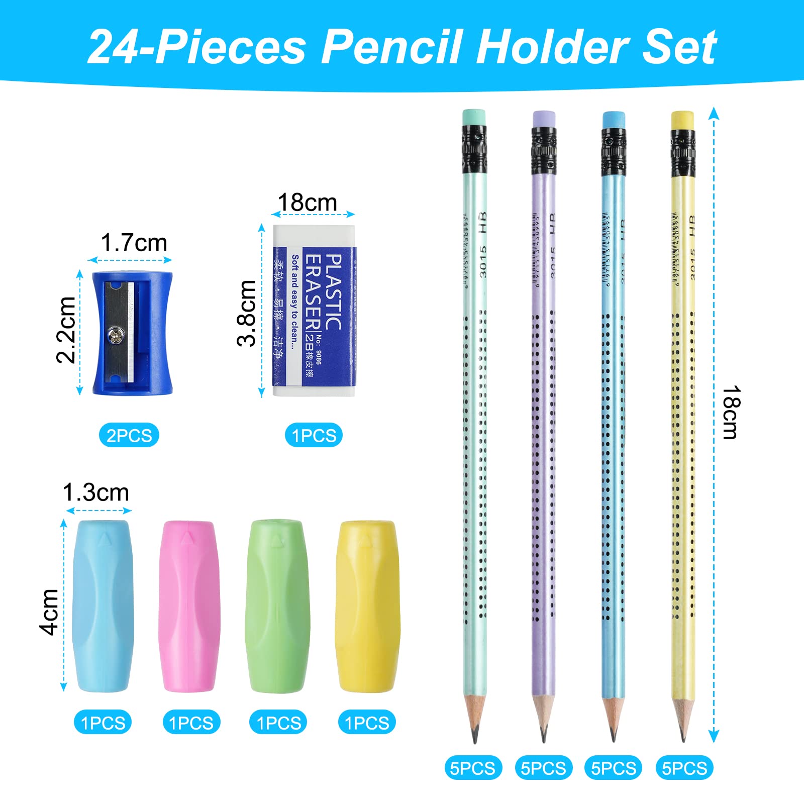 OFFCUP HB Pencils, 24pcs Pencils with Rubbers, Presharpened Pencil Writing Pencils with Rubbers on The End with 4 Pen holders, 2Pencil Sharpener and Rubbers for School Children Handwriting and Drawing