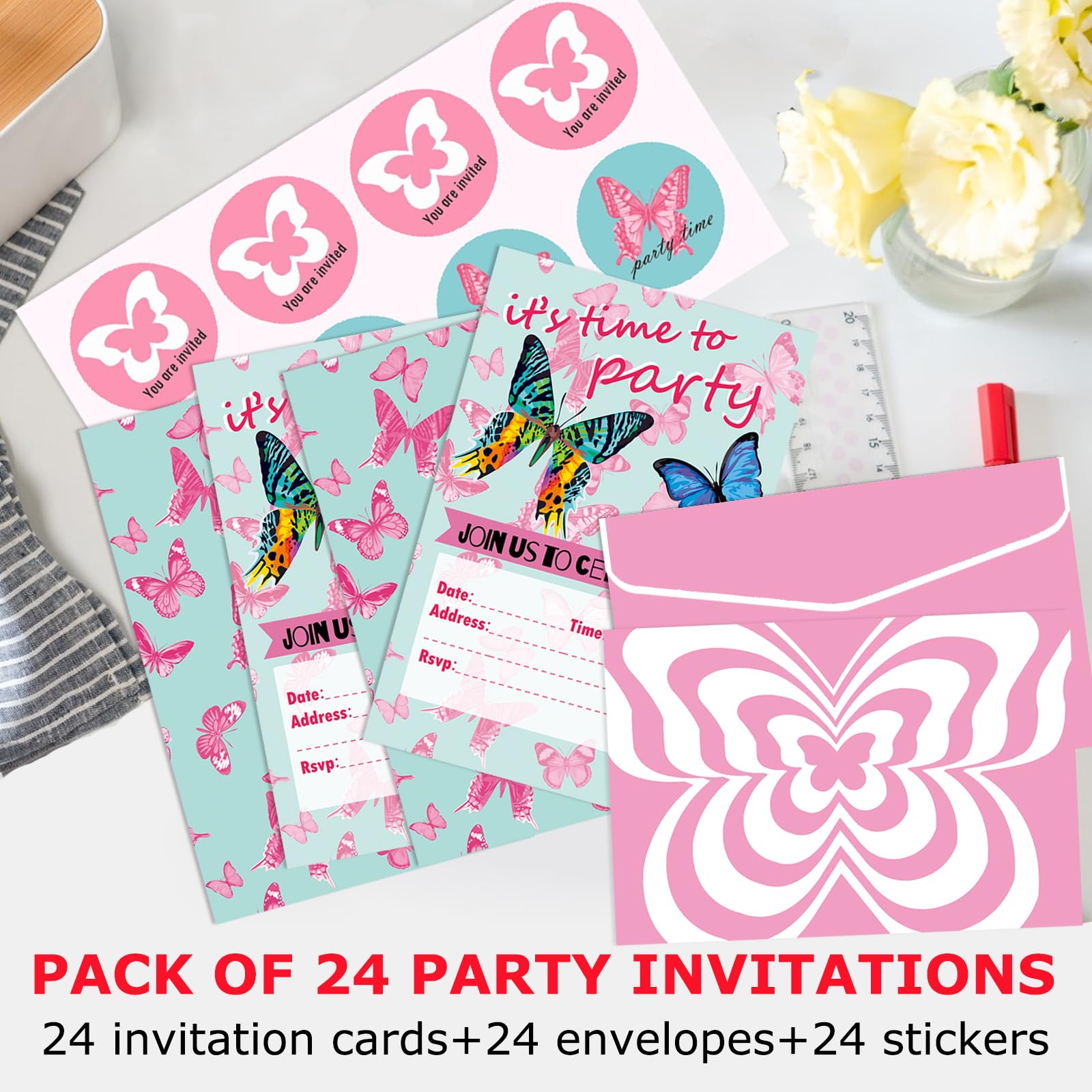 Jatidne Butterfly Party Invitations Kids Birthday Party Invites for Girls with Envelope and Stickers Pack of 24