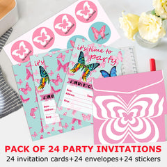 Jatidne Butterfly Party Invitations Kids Birthday Party Invites for Girls with Envelope and Stickers Pack of 24