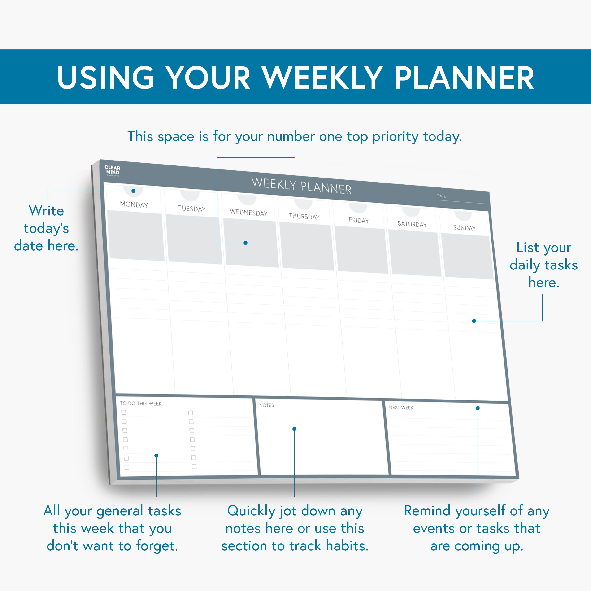 Weekly Planner Desk Pad by Clear Mind Concepts® – A4 Size - 52 Tear Off Sheets Undated 120gsm Thick Paper