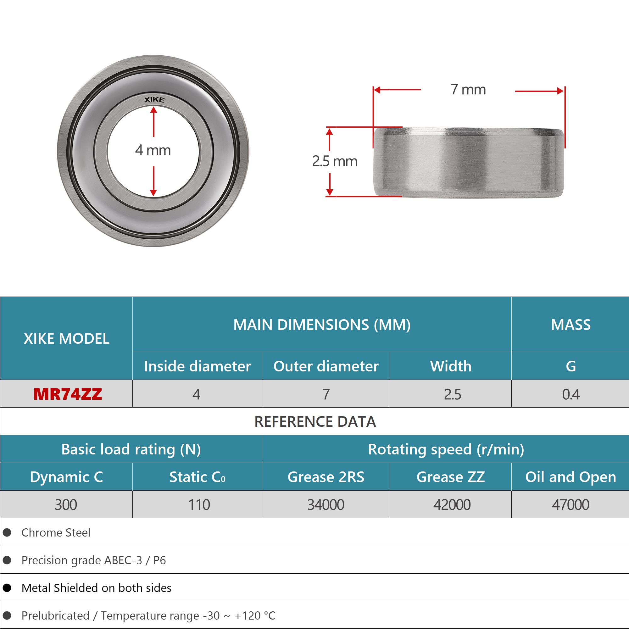 XIKE 10 Pcs MR74ZZ Miniature Ball Bearings 4x7x2.5mm, Bearing Steel and Double Metal Seals, Pre-lubrication, MR74-2Z Deep Groove Ball Bearing with Shields.