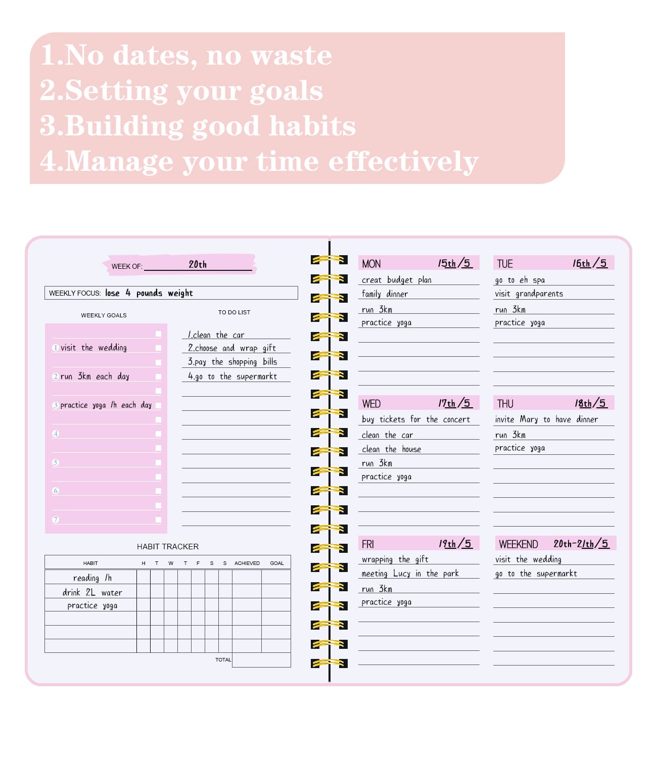 To Do List Notebook, Undated Weekly Planner A5 Diary Planner for College Work with Habit Tracker, Twin Wire Binding, Pink