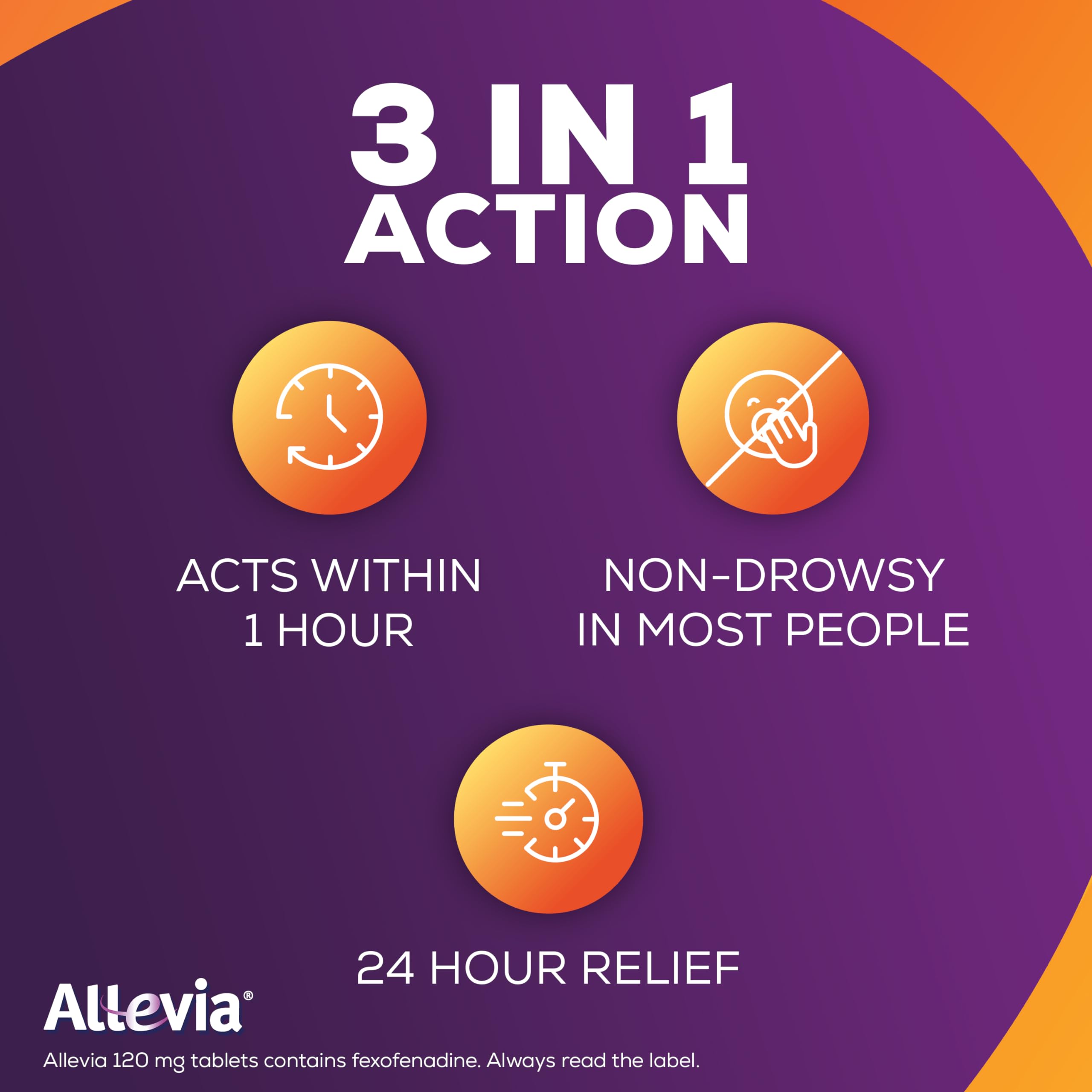 Allevia Hayfever Allergy Tablets, Prescription Strength 120mg Fexofenadine, 24hr Relief Acts Within 1 Hour, Including Sneezing, Watery Eyes, Itchy & Runny Nose, 30 Tablets