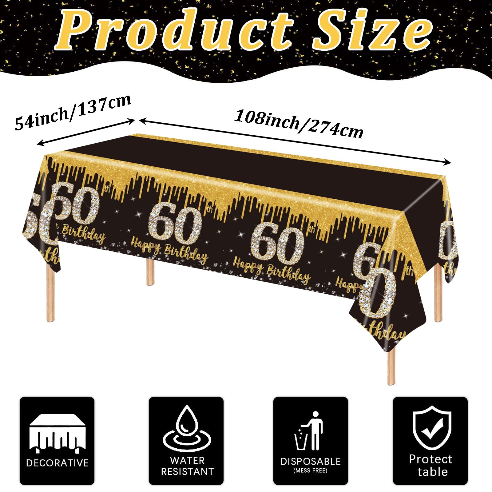60th Birthday Table Cloth Black Gold,137*274cm Black Gold 60th Birthday Party Table Decoration Plastic Waterproof Rectangular Table Cover for Men Women Him Her Birthday Gifts Party Table Decoration