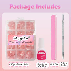 Maggidea Press on Nails,Jelly Pink Short Square False Nail Glossy 240 Pcs Fake Nails French Tip Glue on Nails Nail Art Manicure (Square Round- Extra Short)