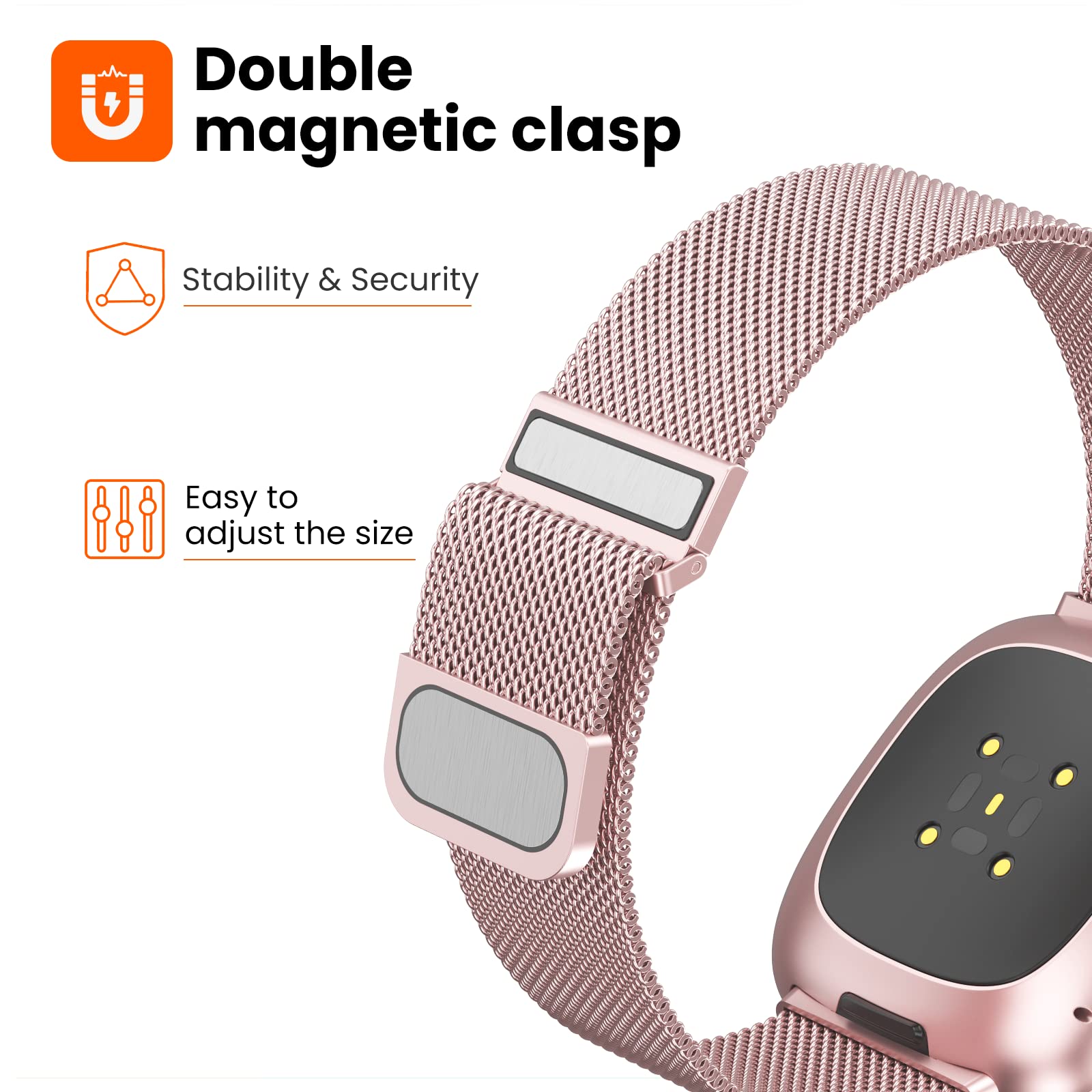 Yoohoo Straps Compatible with Fitbit Versa 3/Fitbit Versa 4/Fitbit Sense 2,Adjustable Stainless Steel with Double Magnetic Clasp Replacement Straps for Women Men/Rose Pink