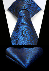 HISDERN Mens Ties Paisley Tie for Men Floral Tie and Pocket Square Set Ties Royal Blue