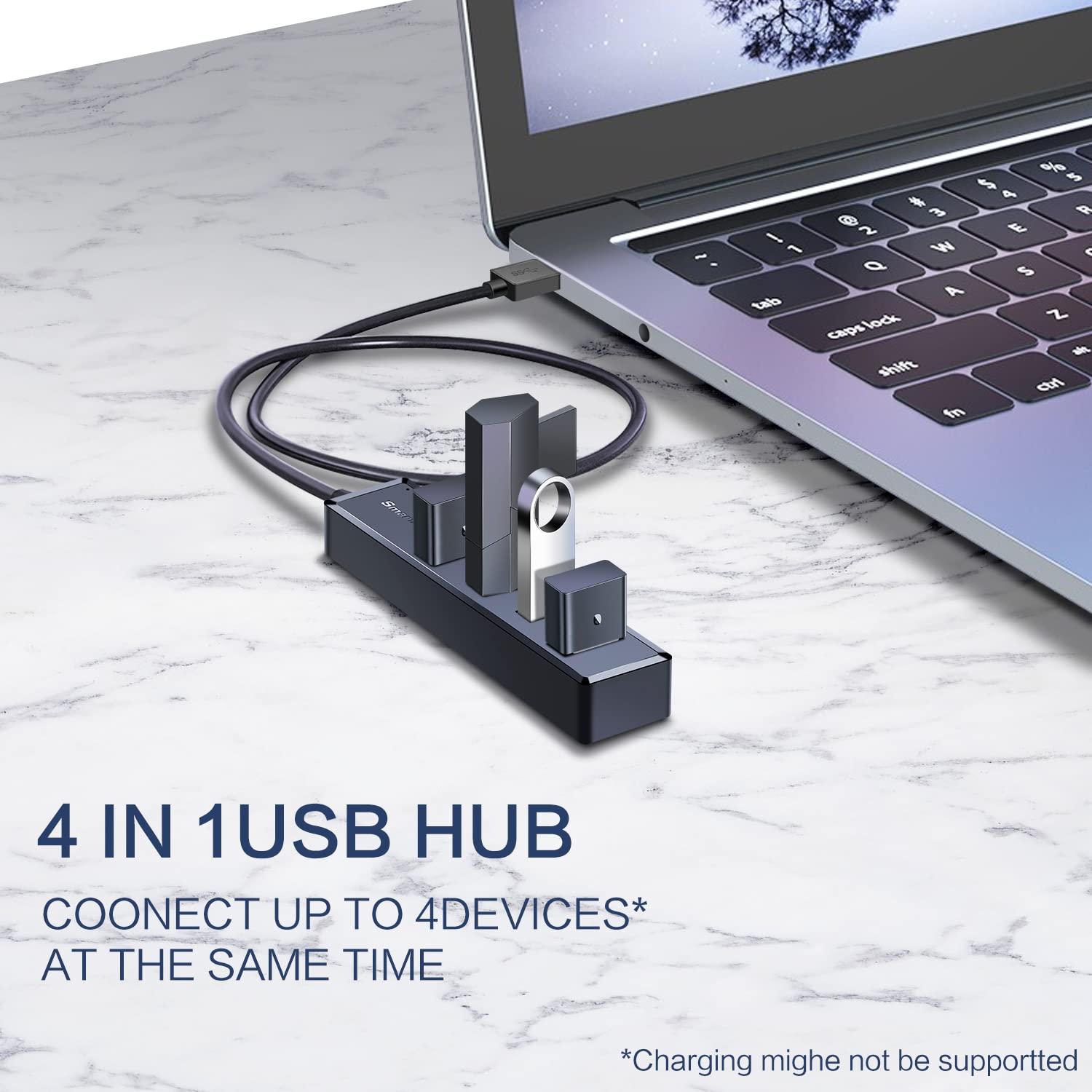 SmartQ H302S USB 3.0 Hub for Laptop with 2ft Long Cable, Multi Port Expander, Fast Data Transfer USB Splitter Compatible with Windows PC, Mac, Printer, Mobile HDD