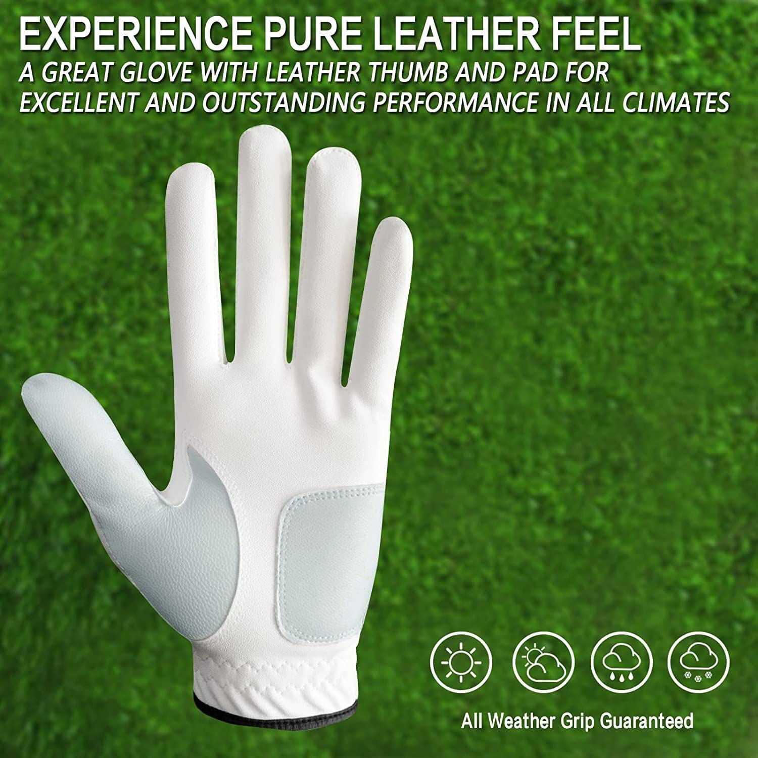 FINGER TEN Golf Gloves Mens Left and Right Hand All Weather Grip Cabretta Leather Weathersof Value Pair, Golf Gloves for men Rain Grip Breathable Wear Resistant (White, S)