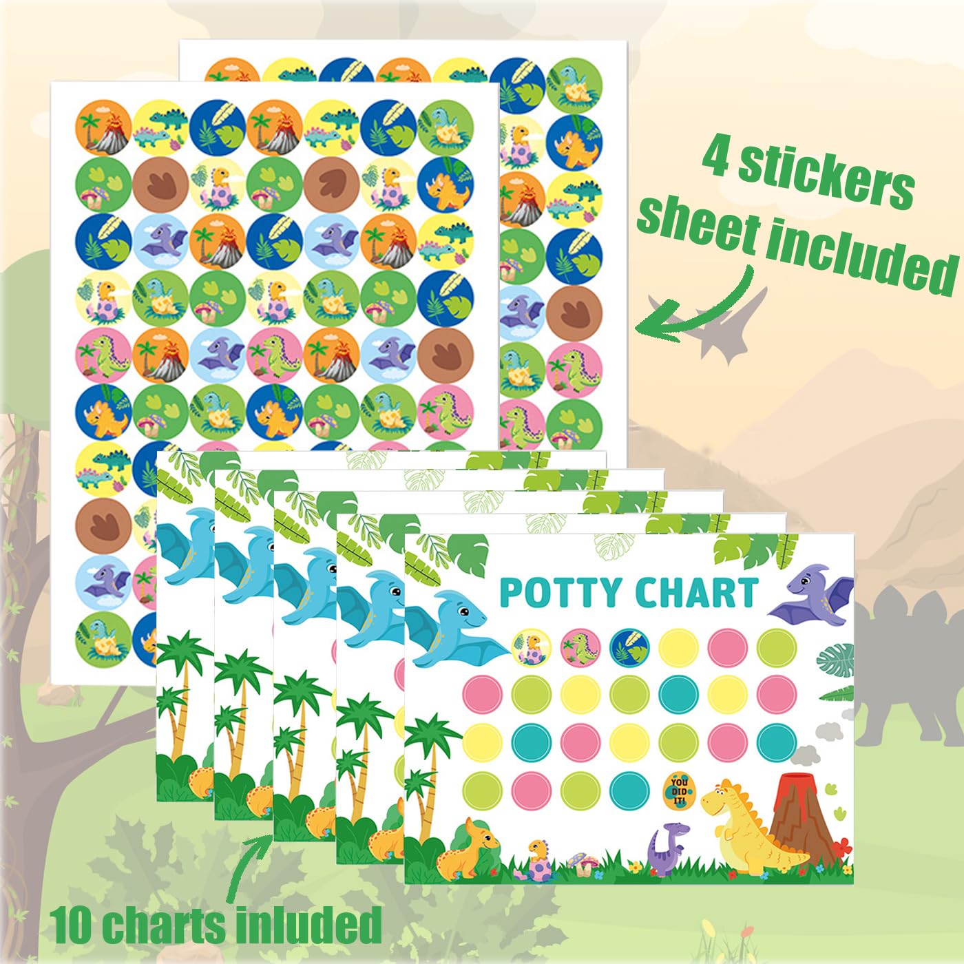 Potty Training Reward Chart, KAMHBE 10 Sheet Potty Training Chart for Toddlers Boys Girls - Dinosaur Potty Chart with Stickers Toilet Training Reward Chart Develop Toileting Habit (Dinosaur)