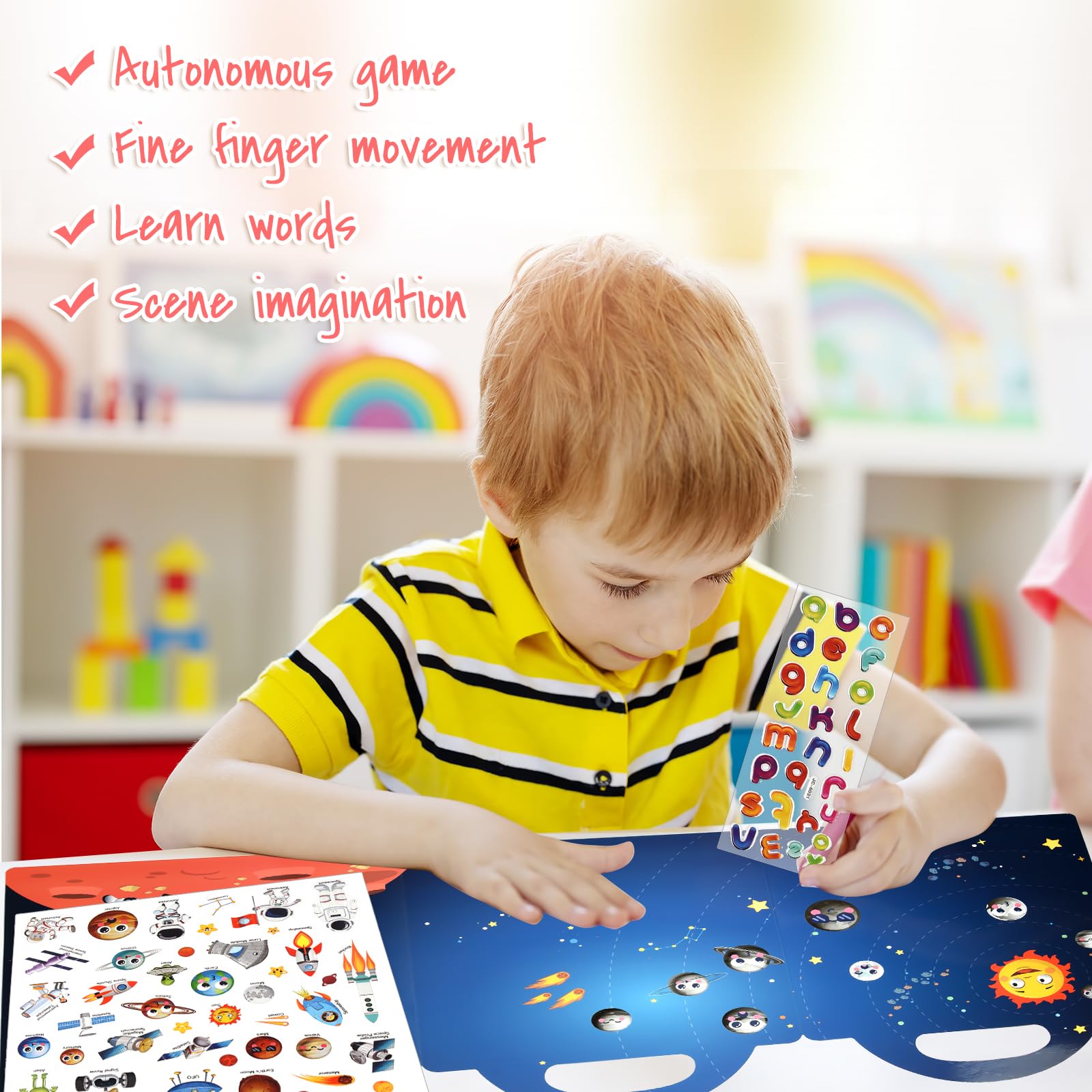 ASTARON 3D Sticker Scenes Book for Kids, 88 Pcs Reusable Space Jelly Stickers for Toddlers, Puffy Sticker Game Educational Sensory Learning Toy, Party Supplies Birthday Gift