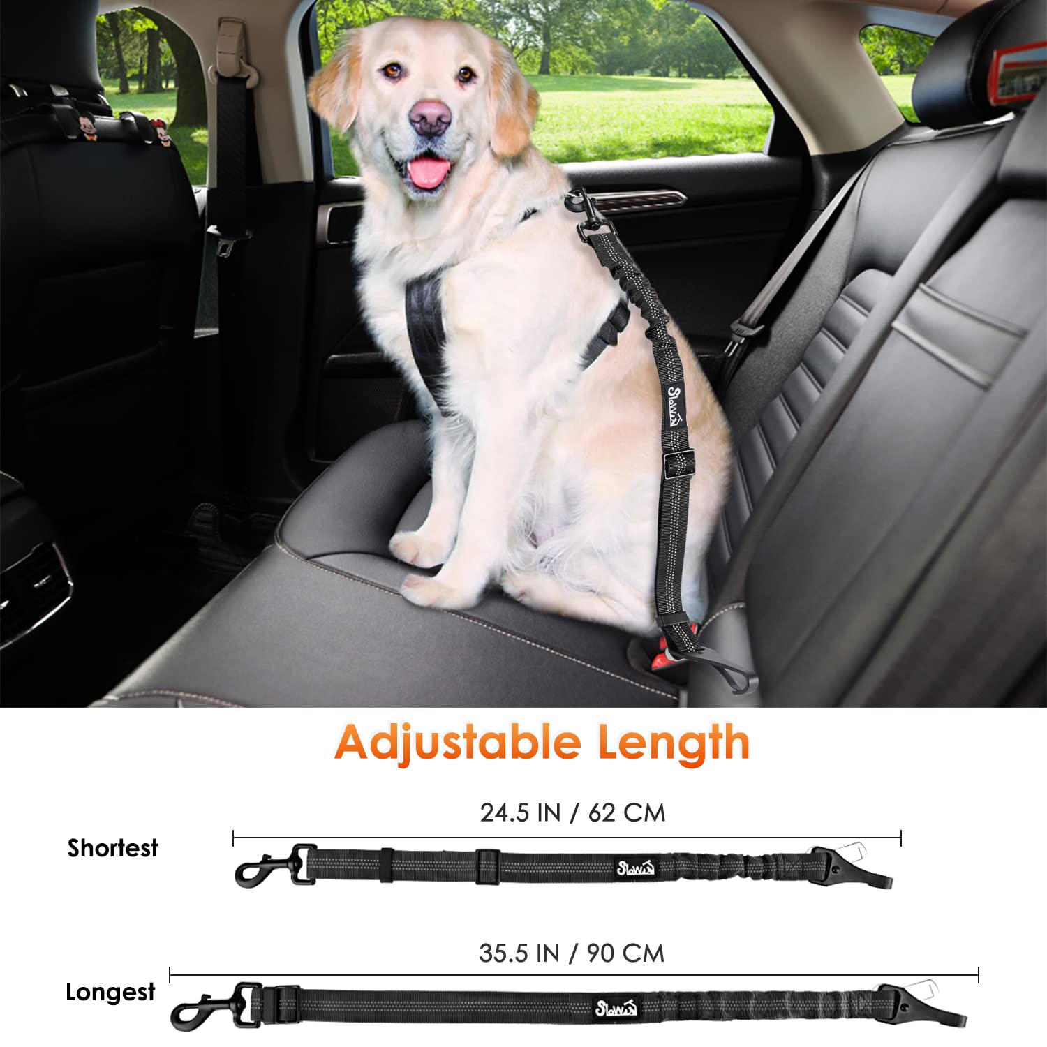 Eyein Dog Seat Belt, 2 in 1 Attachment Dog Car Harnesses Belt, Hook Latch Bar & Seatbelt Buckle with Anti Shock Elastic Nylon Bungee Buffer, Pet Safety Belts for Vehicle(Black,90cm)