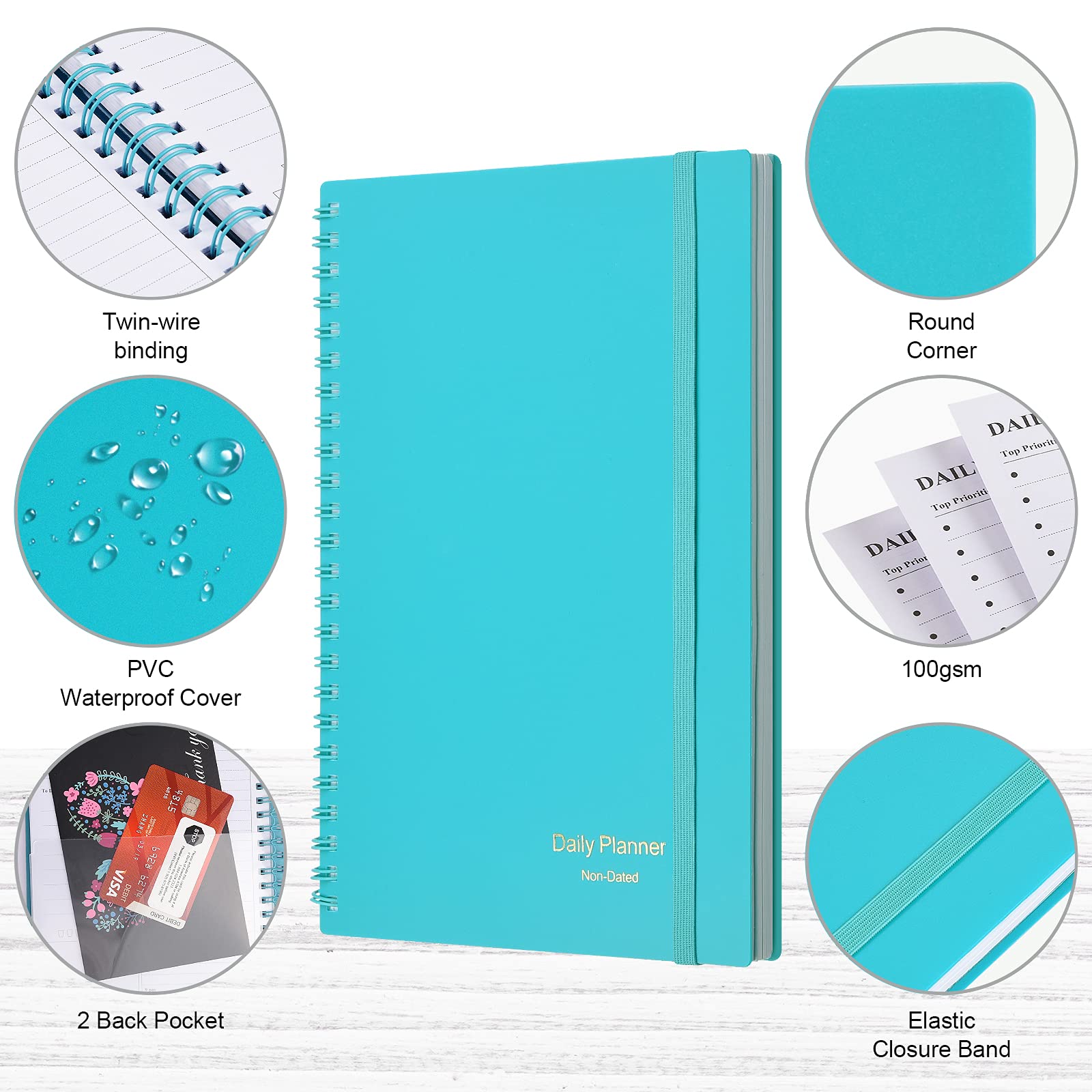 Daily Planner Undated, Asten to Do List Notebook Hourly Schedules Spiral Appointment Planner for Men and Women,PVC Hardcover,Elastic Closure, Inner Pocket 14.7 x 21.2cm (Blue)