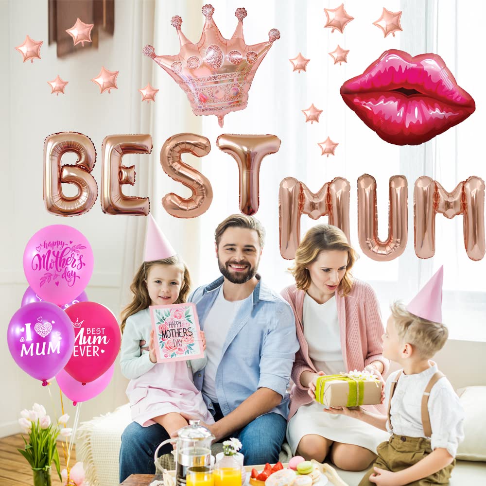 Mother’s Day Party Balloons Kit Decorations–Best Mum 16”Letter Foil Balloon Set, Best Gift from Son Daughter for Mum Grandma Birthday Party Supplies Mother’s Day Backdrop Home Décor