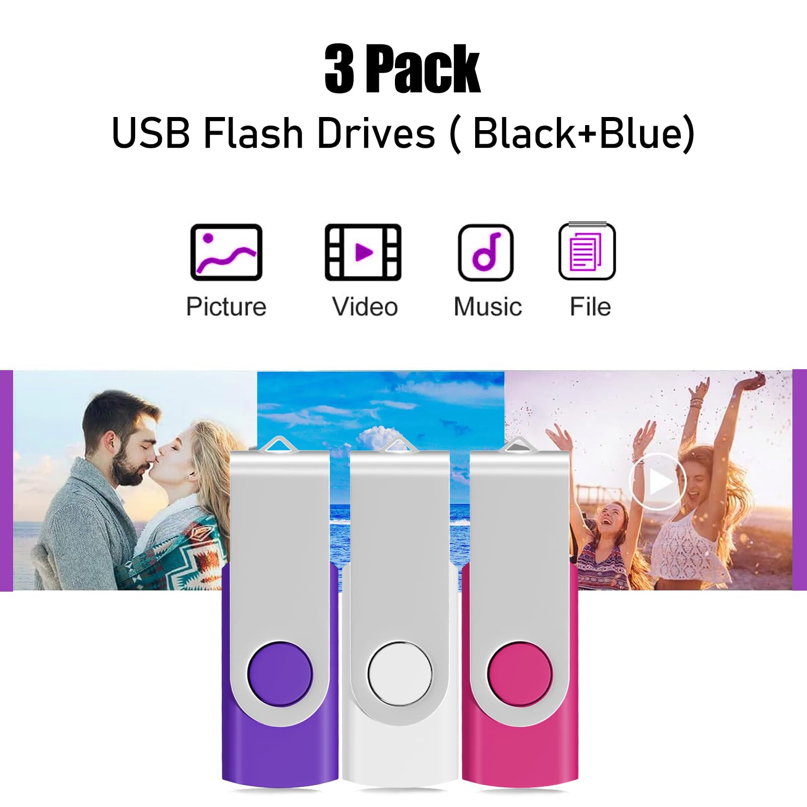 USB Memory Stick 64GB 3 Pack USB2.0 Thumb Pen Drive Swivel Design Fold Storage (Black/Blue/Red With Lanyard)