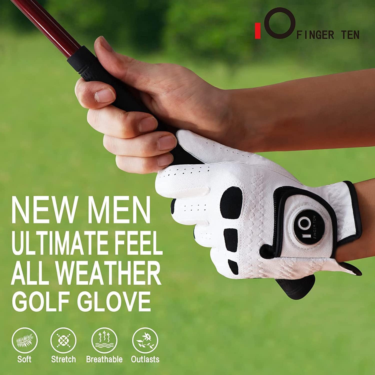 FINGER TEN Golf Gloves Mens Left and Right Hand All Weather Grip Cabretta Leather Weathersof Value Pair, Golf Gloves for men Rain Grip Breathable Wear Resistant (White, S)