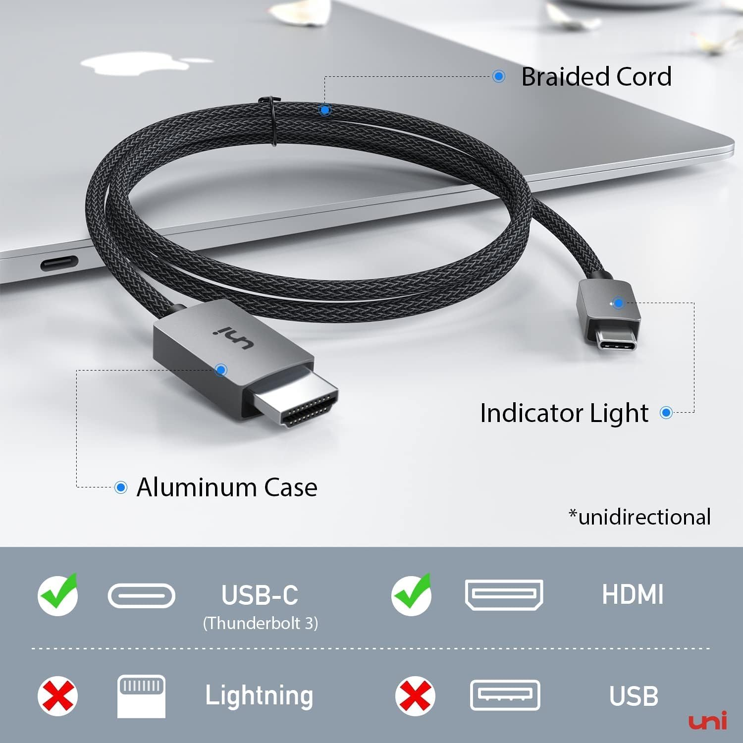 uni USB C to HDMI Cable, [4K, High-Speed] USB Type-C to HDMI for Home Office, [Thunderbolt 3/4 Compatible] for iPhone 15 Pro/Pro Max, MacBook Pro/Air, iPad Pro/Air, iMac, S23, XPS 17 etc.-1.8m