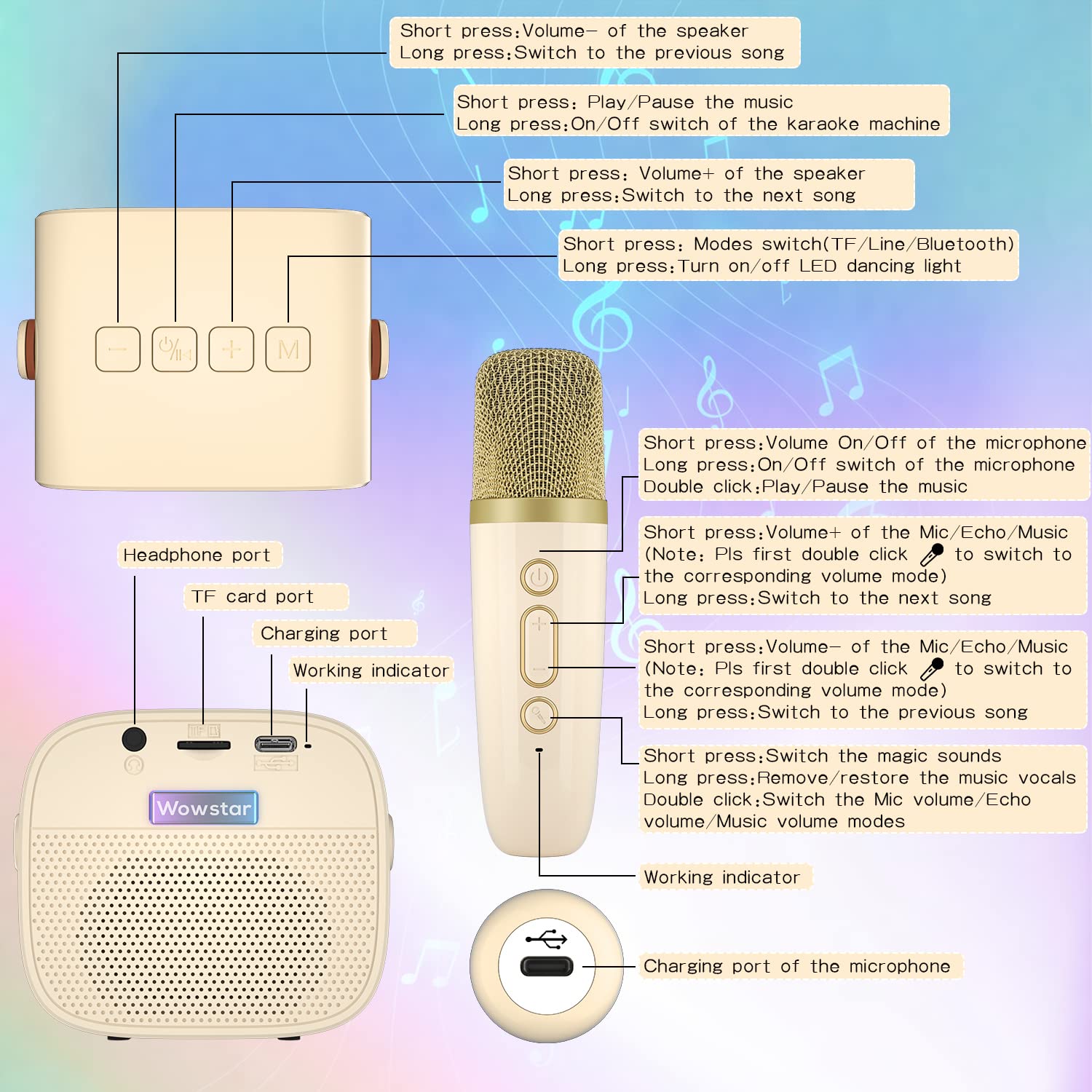 Kids Karaoke Machine 2 Microphones, 2023 Upgrade Wowstar Karaoke Machine for Girls Boys Kids Children Adults, Portable Bluetooth Speaker/Voice Changer/Led Lights/Toy Gift Party Game (Yellow)