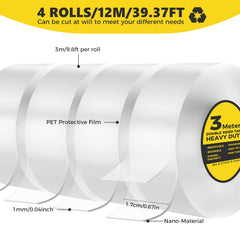 12M Double Sided Tape Heavy Duty, Strong Double Sided Sticky Tape, Double Sided Carpet Tape Clear Tape Nano Tape, Traceless Transparent Double Sided Adhesive Tape for Office, Home, Kitchen, Party, Car