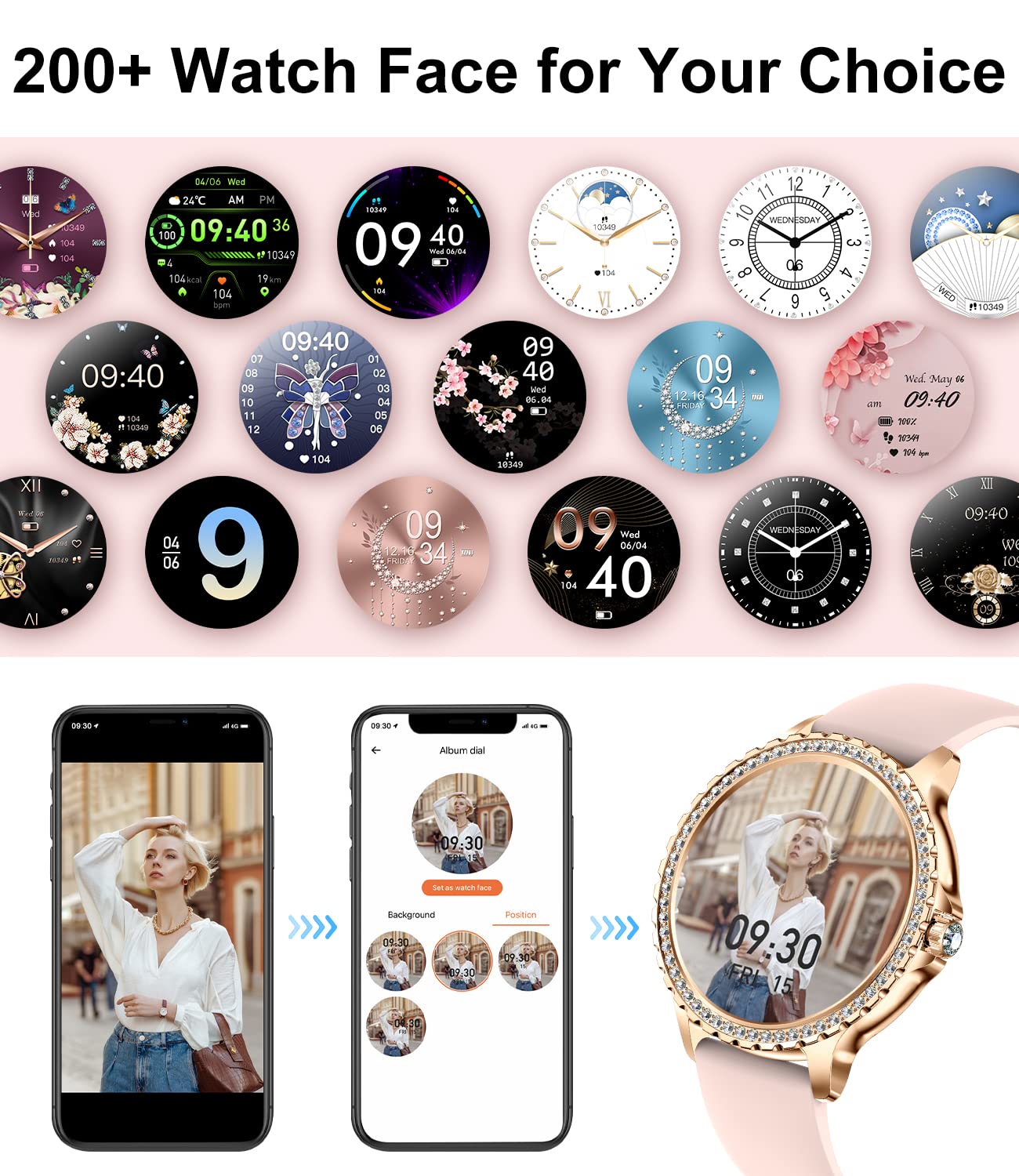 Women's Smart Watch Bluetooth Phone Calls for Android iOS 100and Sport Fitness Tracker 1.32 inches HD Female Smartwatch Heart Rate Sleep Monitor Diamond Ladies Smartwatch Rose Gold Steel,2 Watch Straps