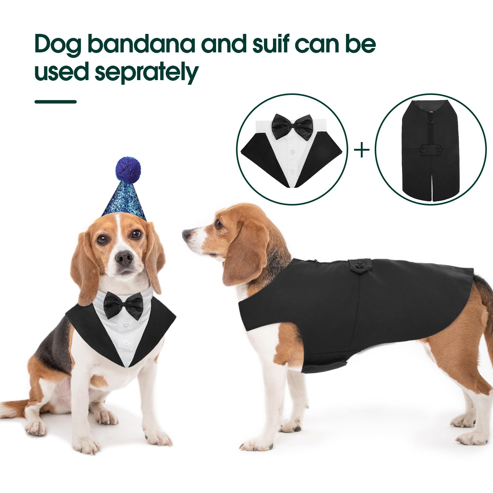 Kuoser Dog Tuxedo Dog Suit and Bandana Set, Dogs Tuxedo Wedding Party Suit, Dog Prince Wedding Bow Tie Shirt Formal Dog Wedding Attire for Large and Medium Dogs Golden Retriever Samo Bulldogs