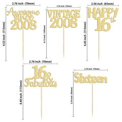 Gyufise 30Pcs Happy 16th Cupcake Toppers Glitter Fifteen Vintage 2008 Cupcake Picks Cheers to 16 Years Birthday Cake Decorations for Happy 16th Birthday Anniversary Party Supplies Gold