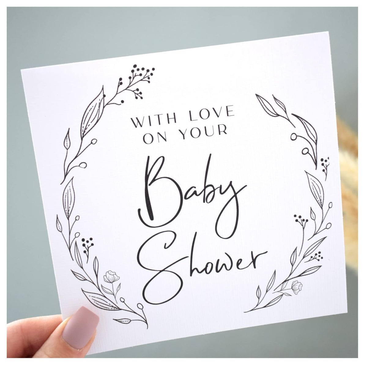 Baby Shower Card. Pregnancy Congratulations. Mummy To Be Card. Neutral Floral Wreath. 148mm Square Modern Greeting Card