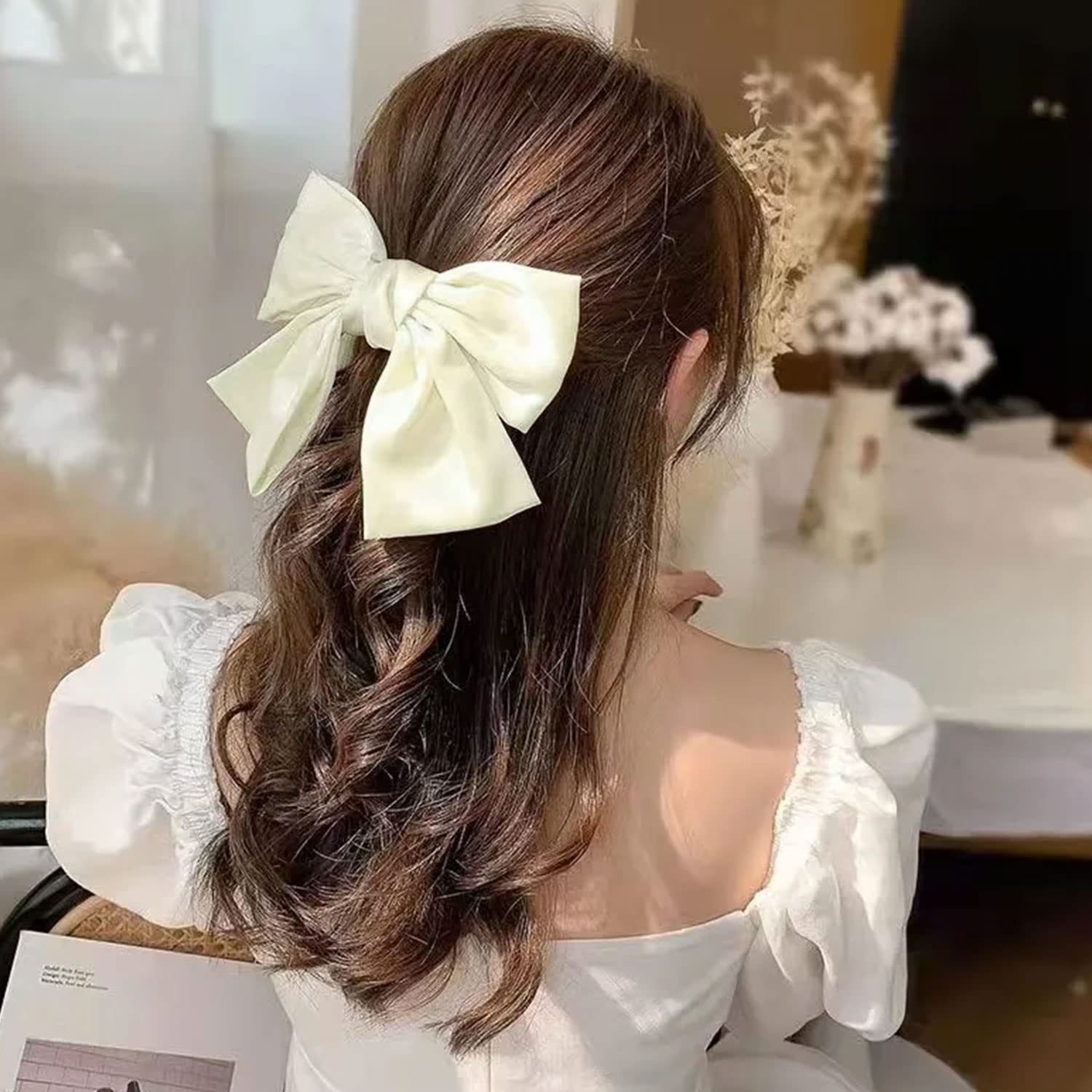 Bow Hair Clip, Hair Bows for Women Big Bowknot Hairpin French Hair Clips with Ribbon Solid Color Hair Barrette Clips Soft Satin Silky Hair Bows for Women Girls(White)