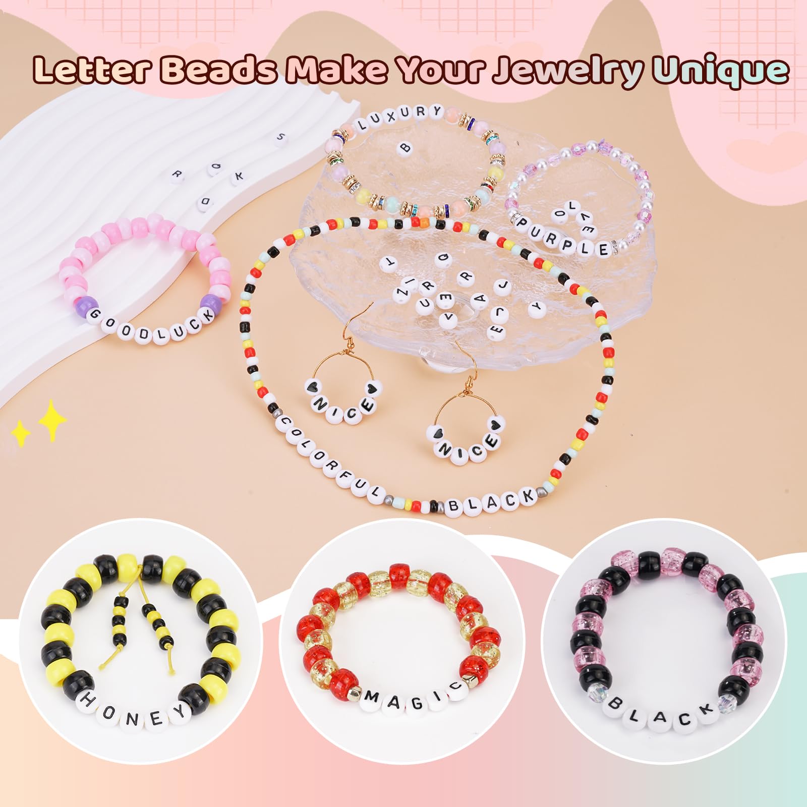 FZIIVQU 1450 Pieces Letter Beads Kit, 4x7 mm White Acrylic Alphabet Beads Letter Beads for Jewelry Making Number Beads Heart Beads Friendship Bracelet Beads Making