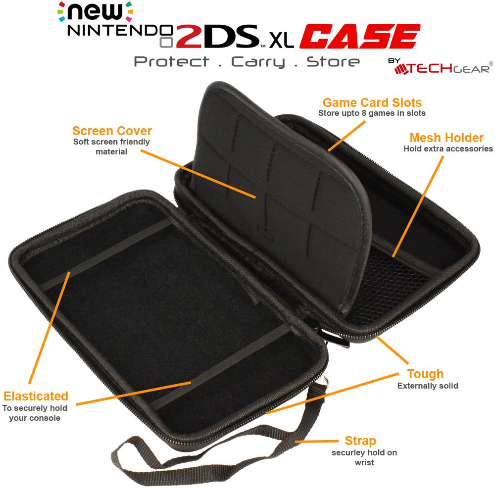 TECHGEAR Case Compatible with Nintendo 2DS XL - Hard Protective Carry Travel & Storage Case Cover fits 2DS XL and Games and Accessories [Black]