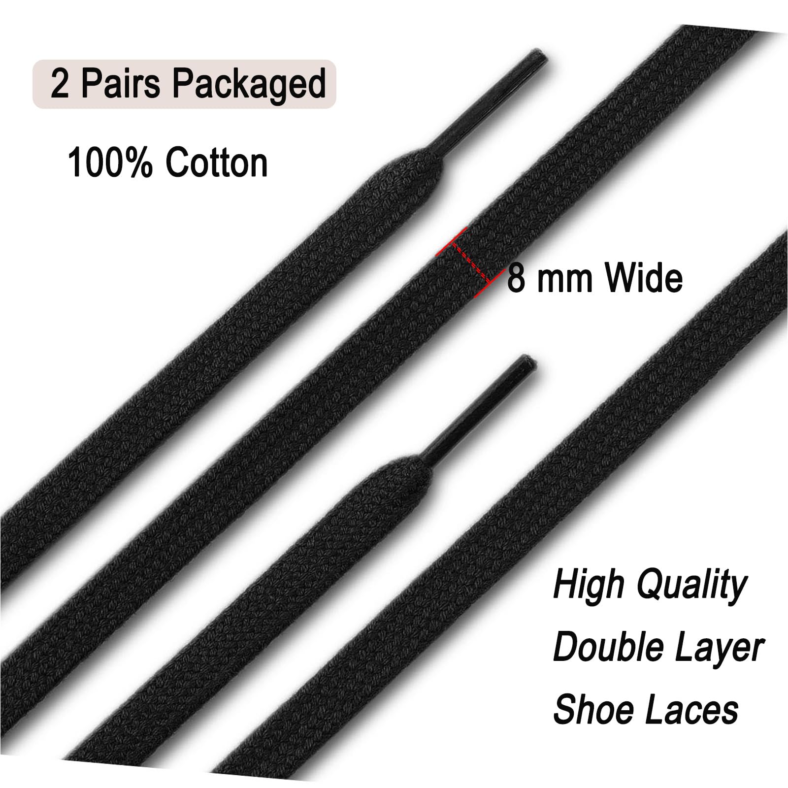 Stepace 2 Pairs 100% Cotton Flat Shoe Laces 5/16 inches Wide Shoelaces for Sneaker Running Athletic Shoes Black 120