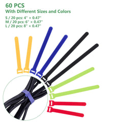 OneLeaf 60 PCs Reusable Cable Ties, Hook and Loop Cable Straps Cord Management, Adjustable Cable Ties for Home & Office Cable Management, 3 Sizes and 5 Colors