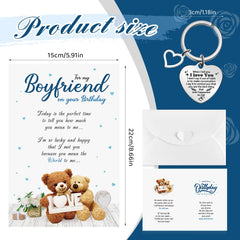 Tenare Romantic Happy Birthday Boyfriend Card Bear Greetings Card Cute Birthday Card with White Envelope Boyfriend Keyring Heart Keyring for Boyfriend Birthday Anniversary Events