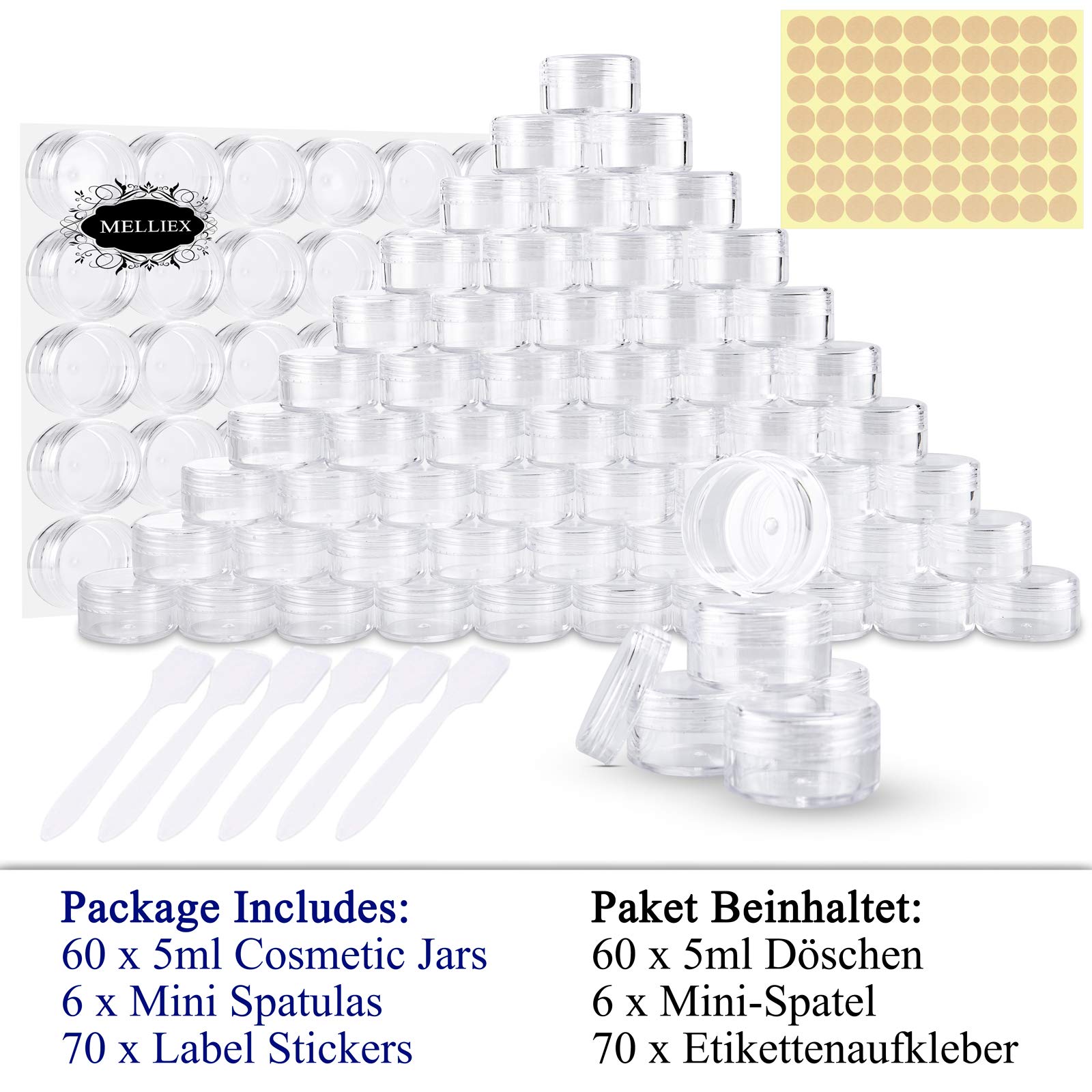 60 Pieces Empty Sample Pots, 5g / 5ml Clear Plastic Travel Cosmetic Container Jars for Creams, Sample, Make-Up Storage