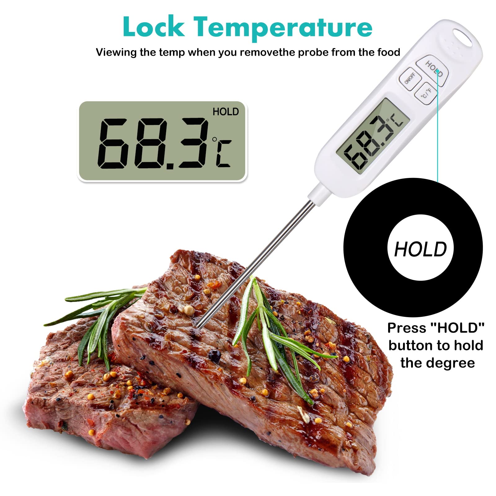 Allinone-Kitchen Meat Thermometer,Digital Instant Read Kitchen Cooking Temperature Long Food Probe with Large LCD Screen℉/℃ Button for Hot Beverage,Grill,BBQ,Jam,Water,Milk,Battery Included