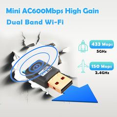 600Mbps USB WiFi Dongle for PC Mini, Dual Band 5GHz 2.4GHz USB WiFi Adapter for PC, Extended Range High Gain WiFi USB Adapter for PC/Desktop/Laptop, Powerful PC Wifi Adapter for Windows 7,8,10,11,XP