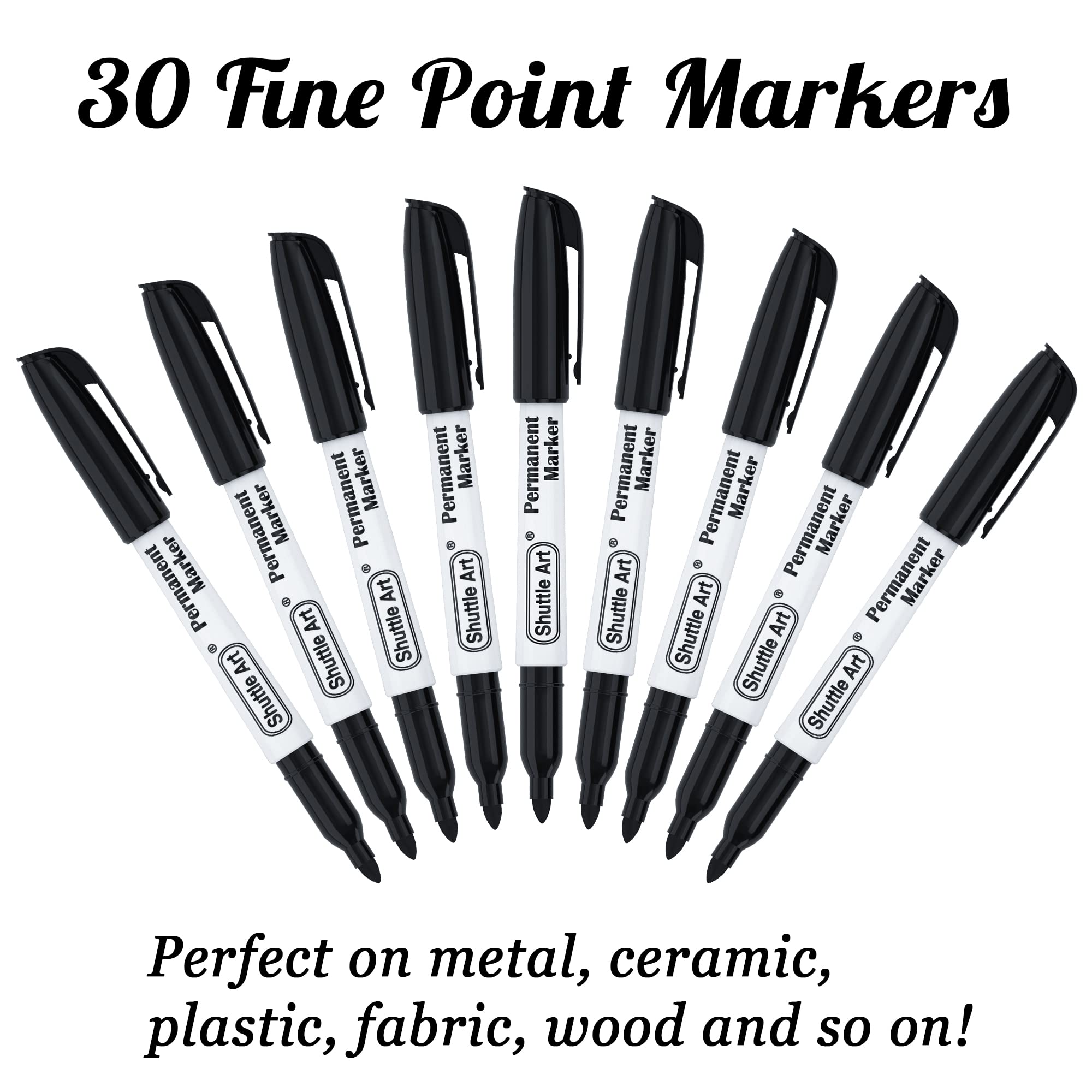 Shuttle Art Black Permanent Markers, 30 Pack Fine Point Permanent Marker Pens Set, Perfect on Plastic, Wood, Stone, Metal and Glass for Doodling, Colouring, Marking, Office School Supplies