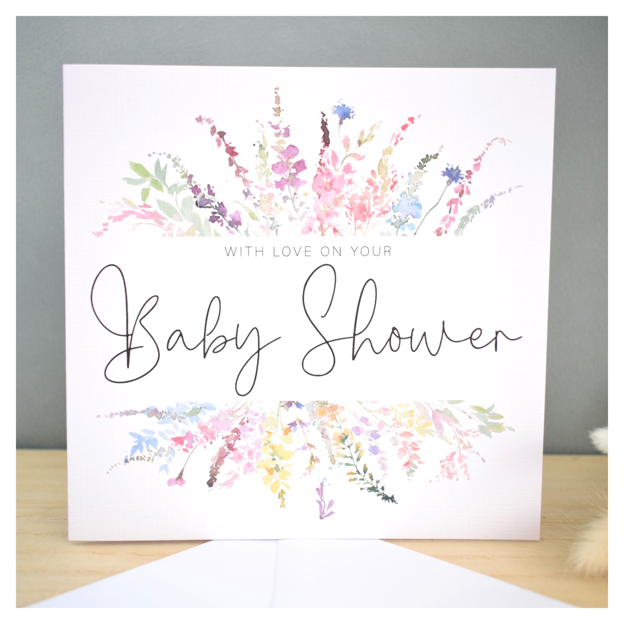 Baby Shower Card   Pregnancy Congratulations   Mummy To Be Card   Rainbow Spring Wildflowers   148mm Square Modern Greeting Card