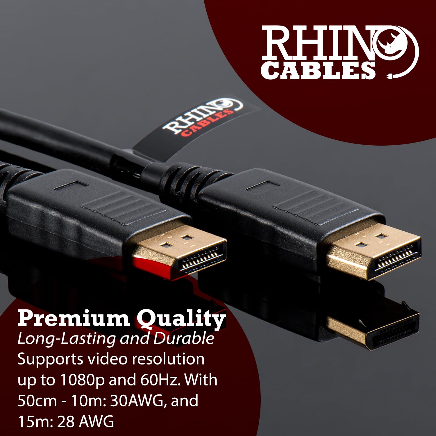 rhinocables Display Port to Displayport Cable, DP to DP cable with Secure Gold-plated Locking Connectors, Standard Lead for Gaming Monitor, HDTV, PC, and Graphics Card (0.5m (50cm)